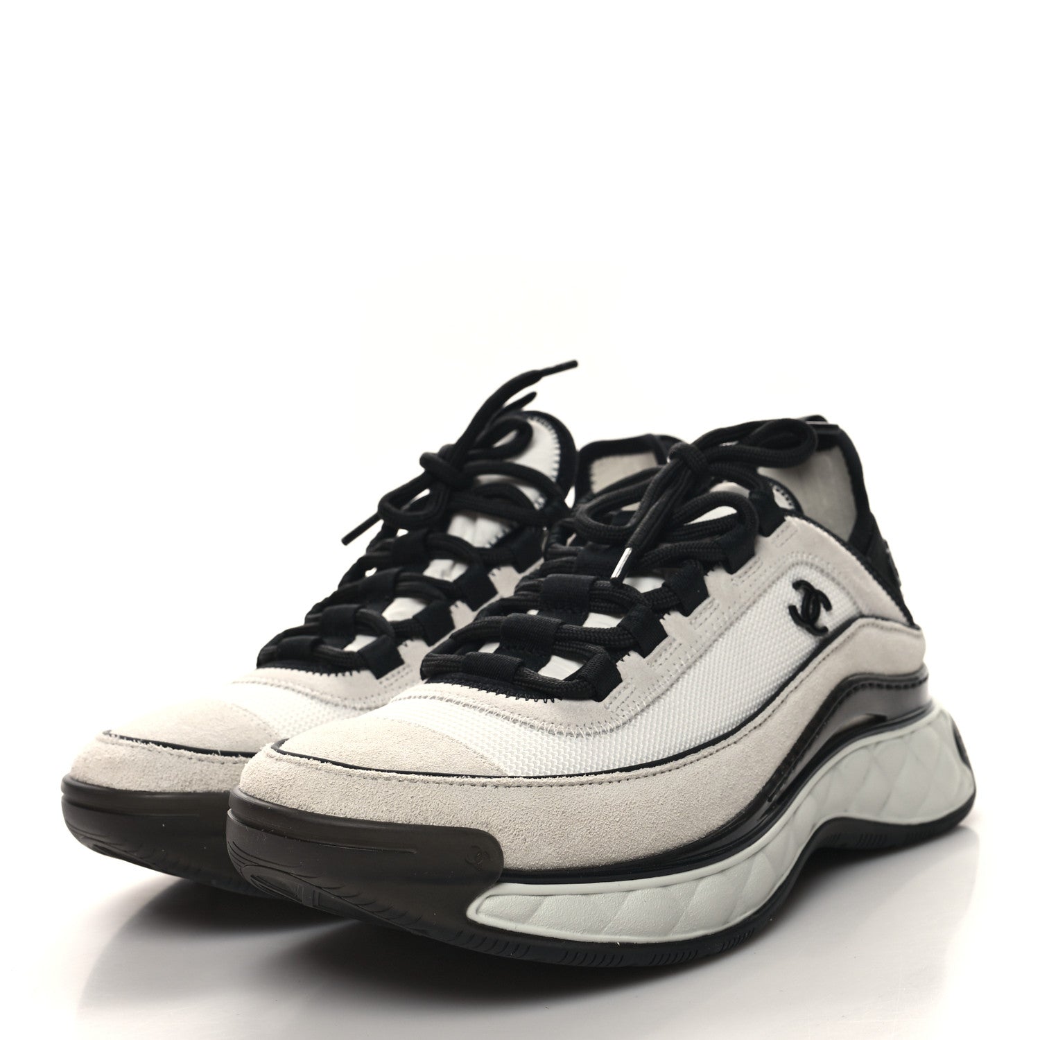 Chanel Fabric Suede Calfskin CC Sneakers 38 White Light Grey 3 of 8