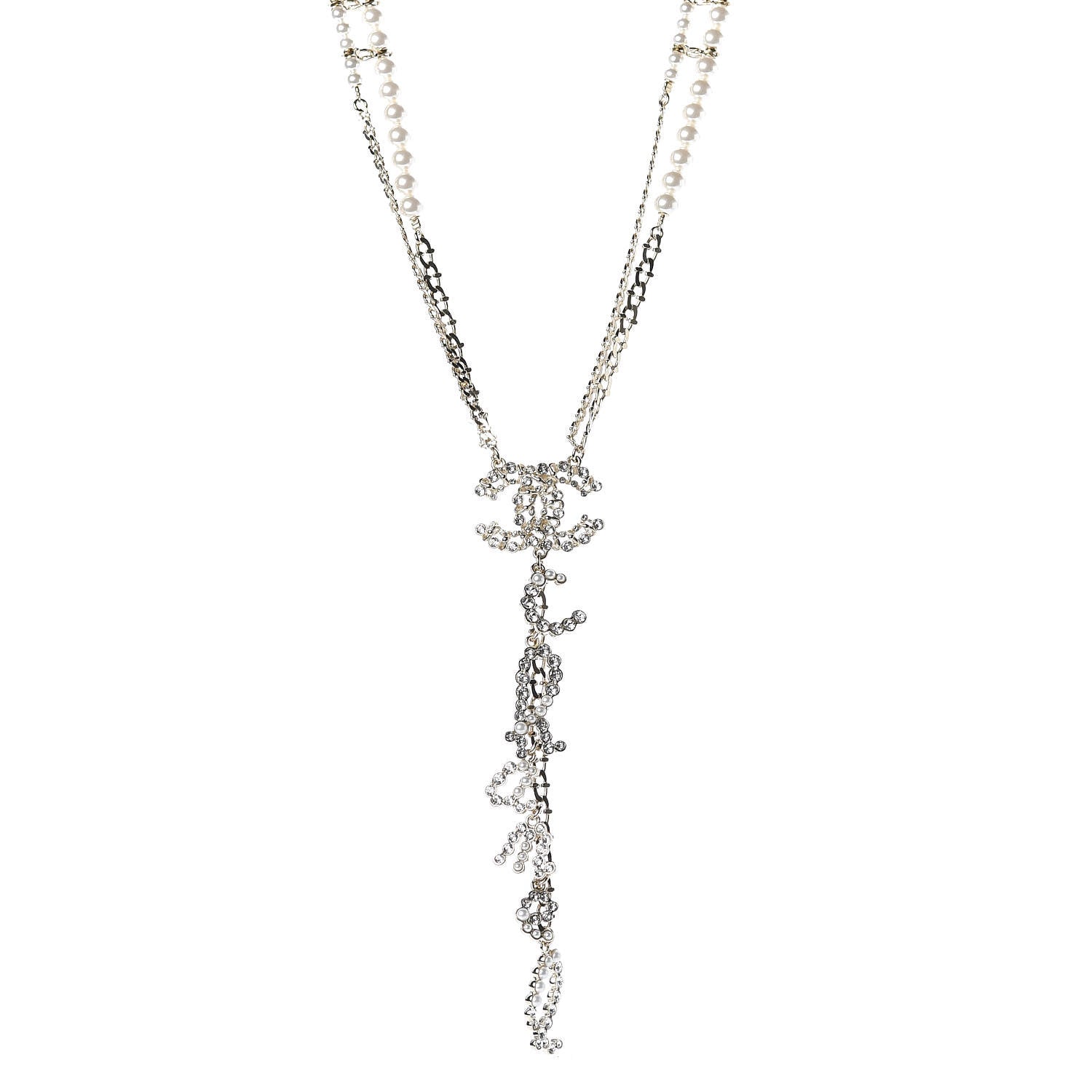Chanel Metal Glass Swirling Pearls Drop Necklace Gold 1 of 7