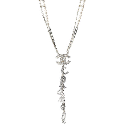 Chanel Metal Glass Swirling Pearls Drop Necklace Gold 1 of 7