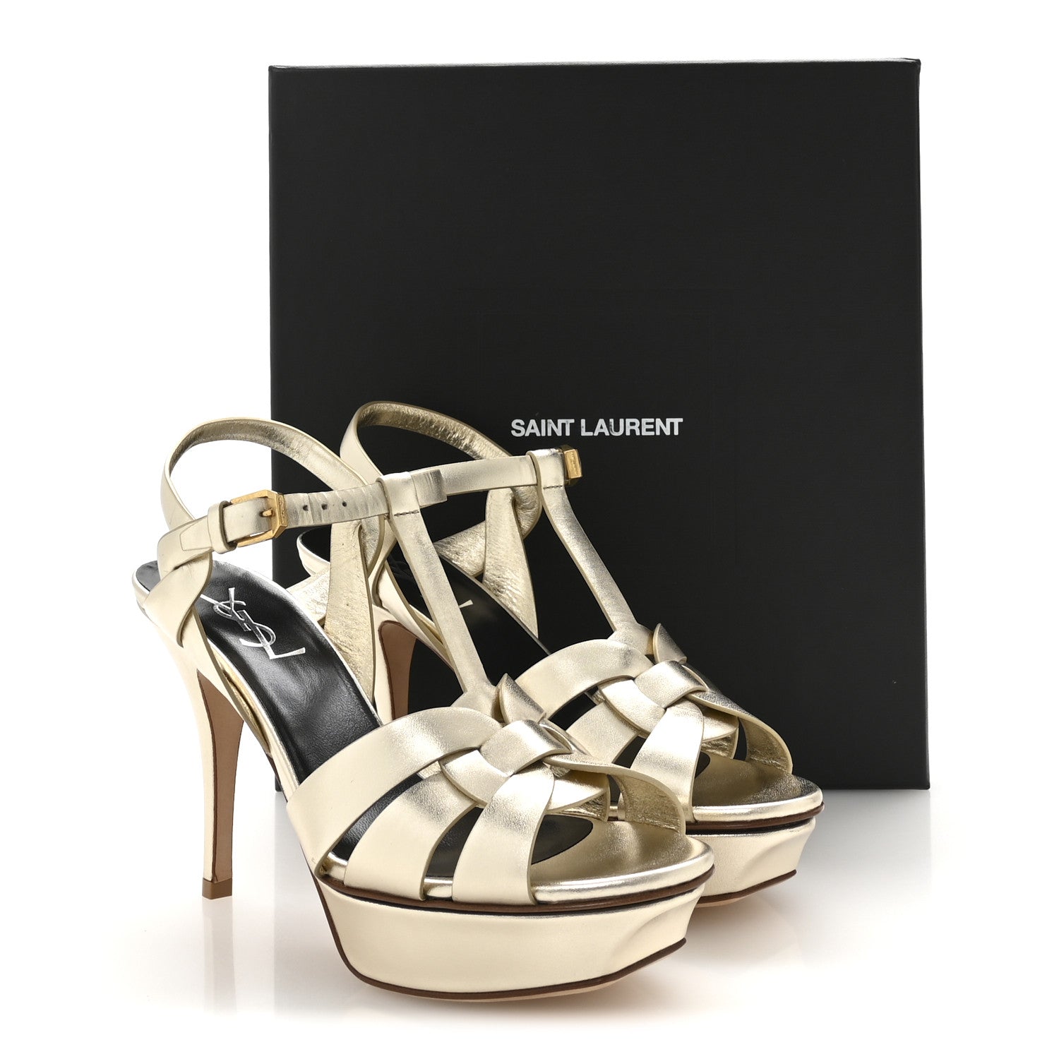 Saint Laurent Veau Laminato Tribute 75 Platform Sandals 38 Platino 9 of 9