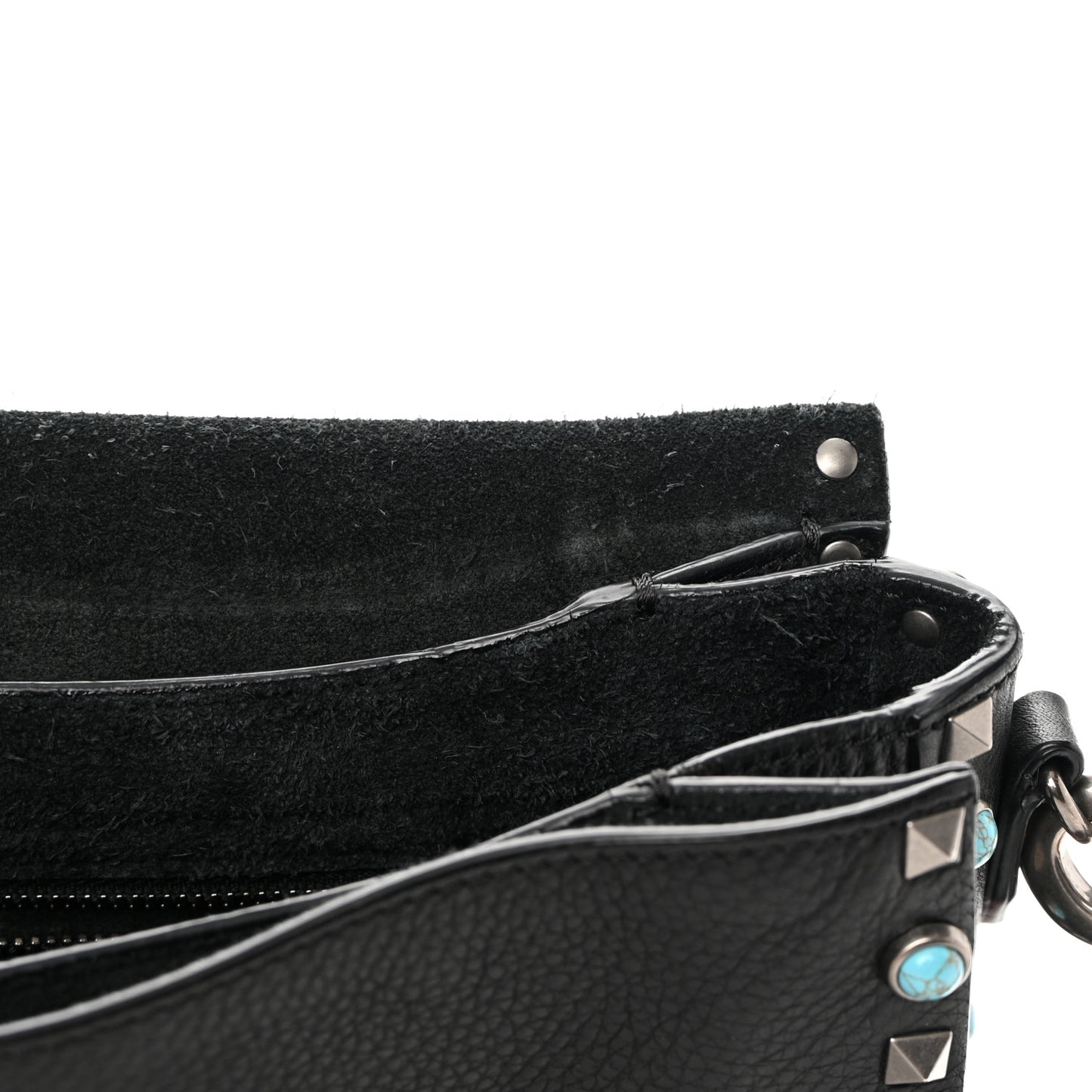 Pebbled Calfskin Turquoise Medium Guitar Strap Rockstud Rolling Flap Saddle Bag Black