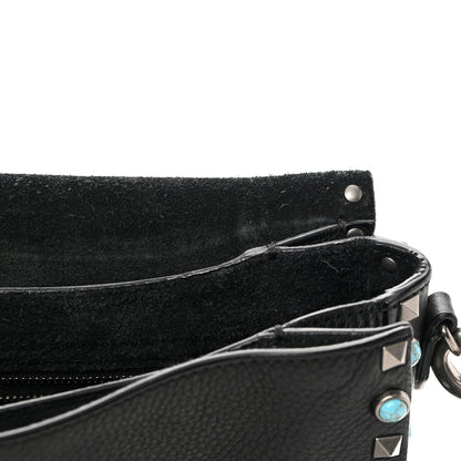Valentino Garavani Pebbled Calfskin Turquoise Medium Guitar Strap Rockstud Rolling Flap Saddle Bag Black 11 of 17