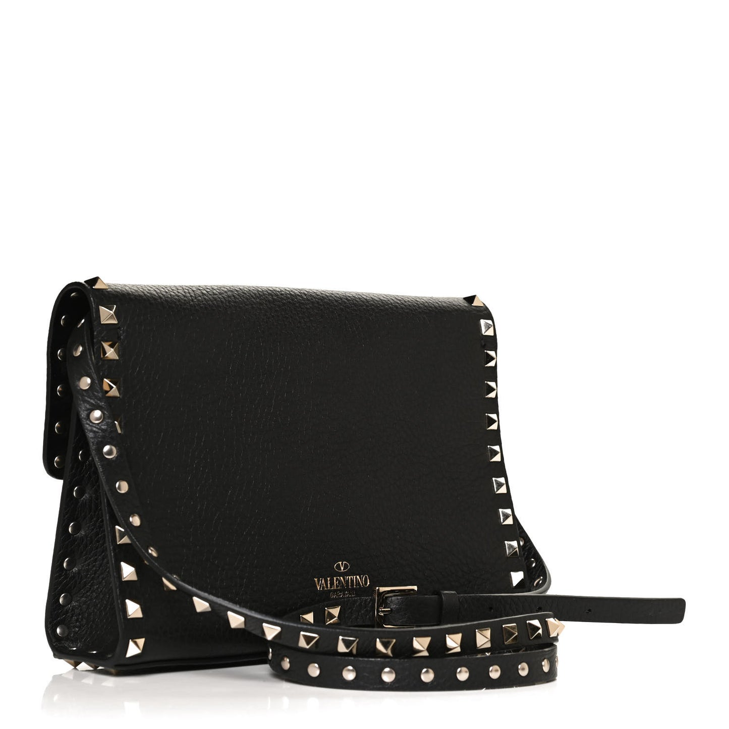 Pebbled Calfskin Medium Rockstud Flip Lock Crossbody Bag Black