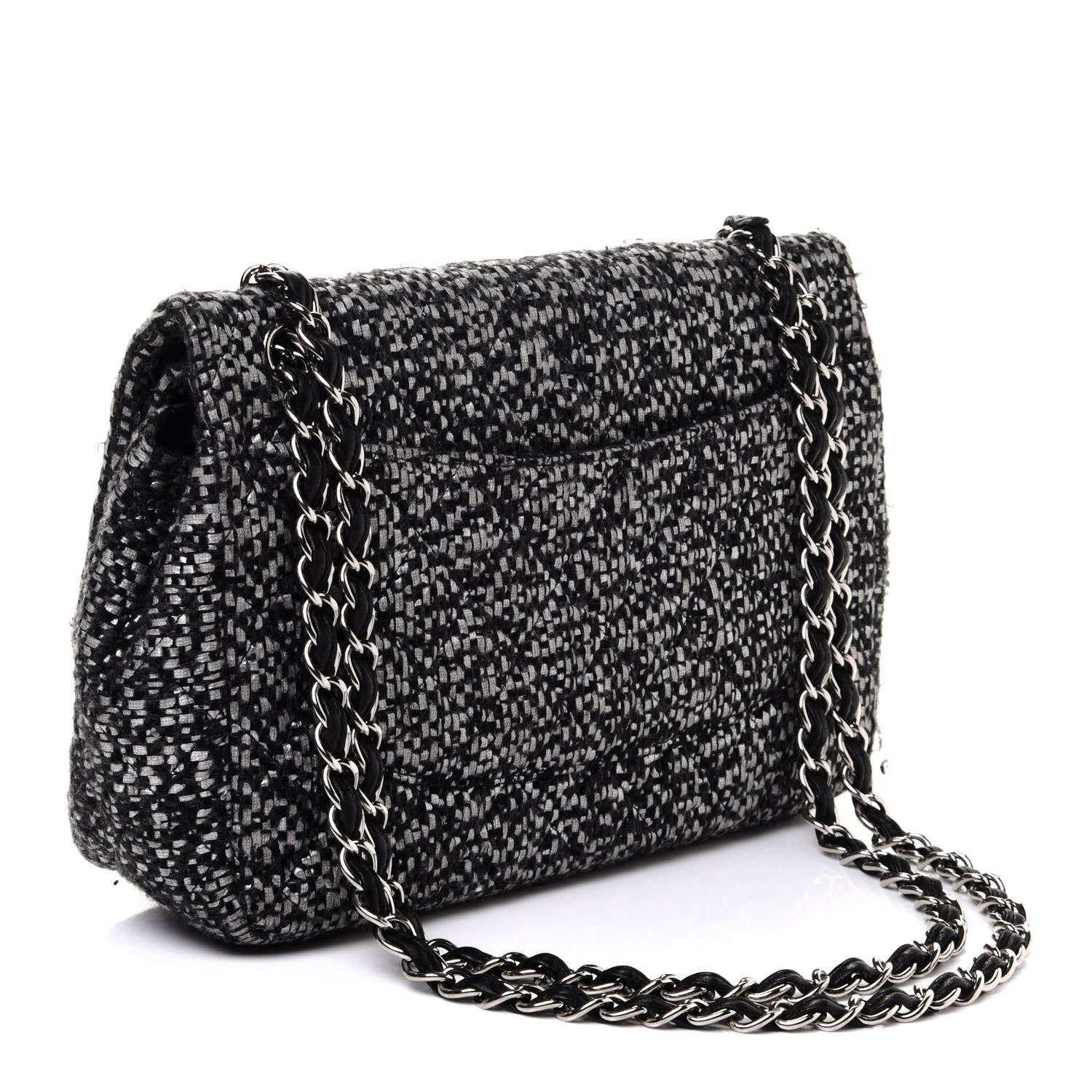 Chanel Sequin Tweed Jumbo Double Flap Black Grey 2 of 10