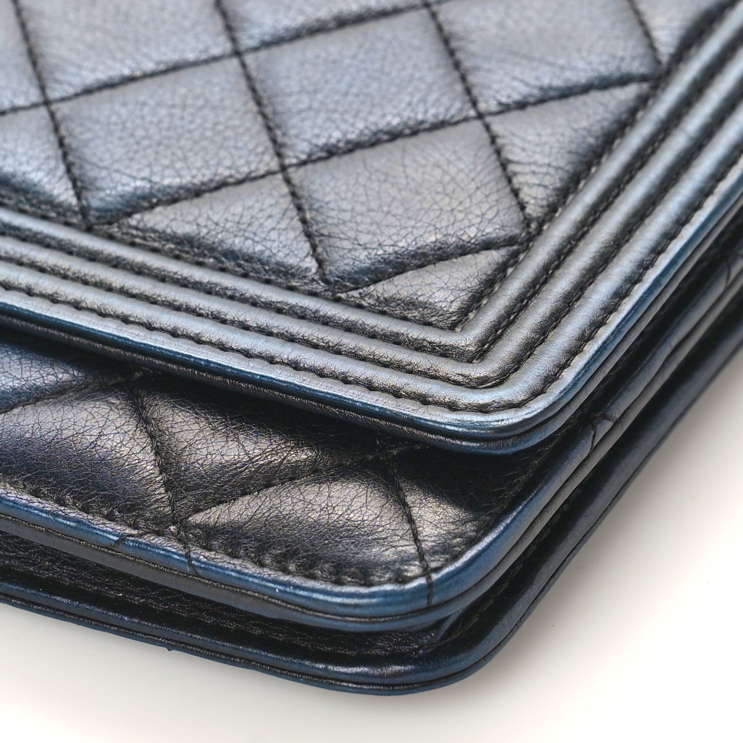Metallic Calfskin Quilted Boy Wallet On Chain WOC Navy Blue
