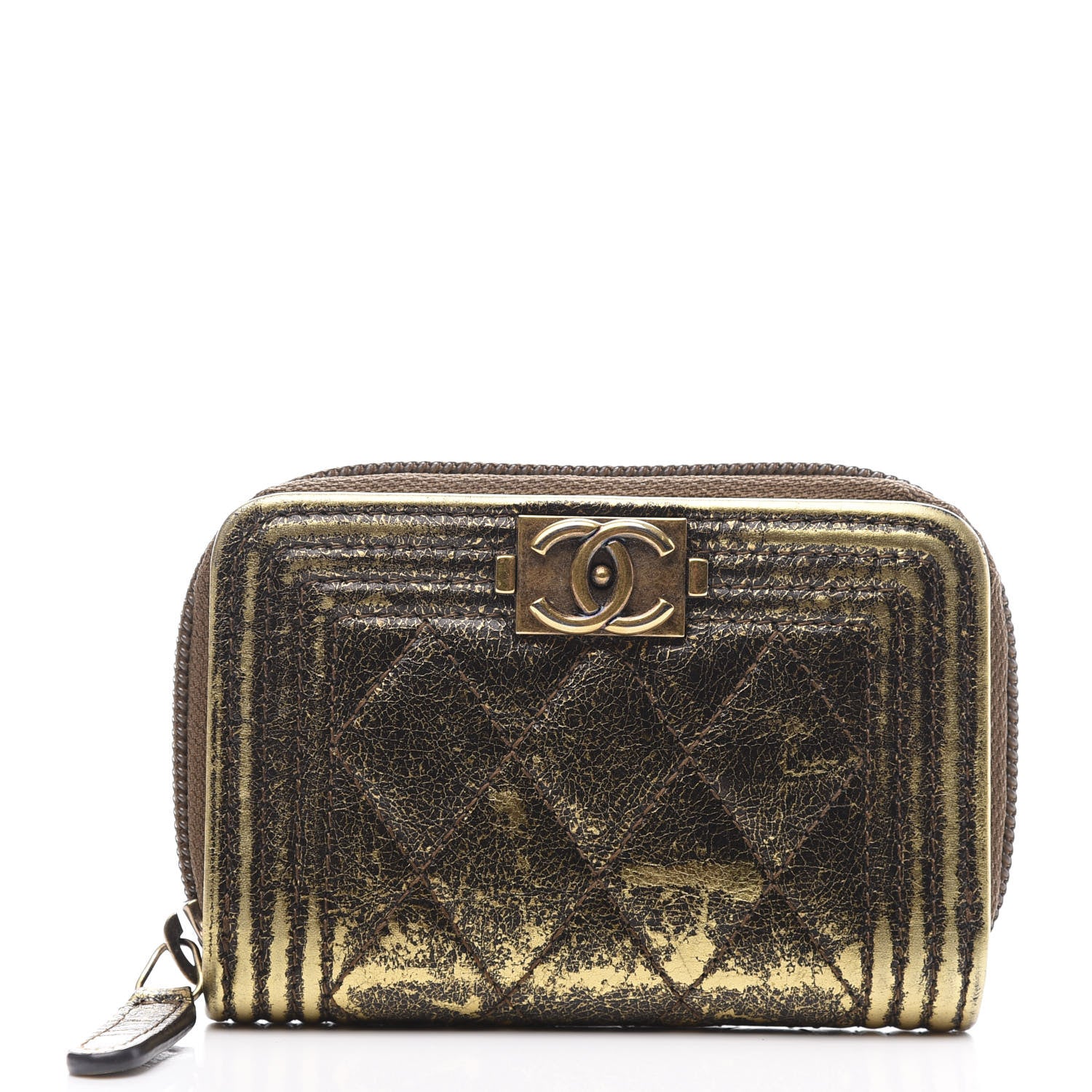 Chanel Cracked Metallic Calfskin Quilted Boy Zip Around Coin Purse Wallet Gold 1 of 8
