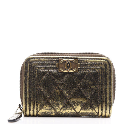 Chanel Cracked Metallic Calfskin Quilted Boy Zip Around Coin Purse Wallet Gold 1 of 8
