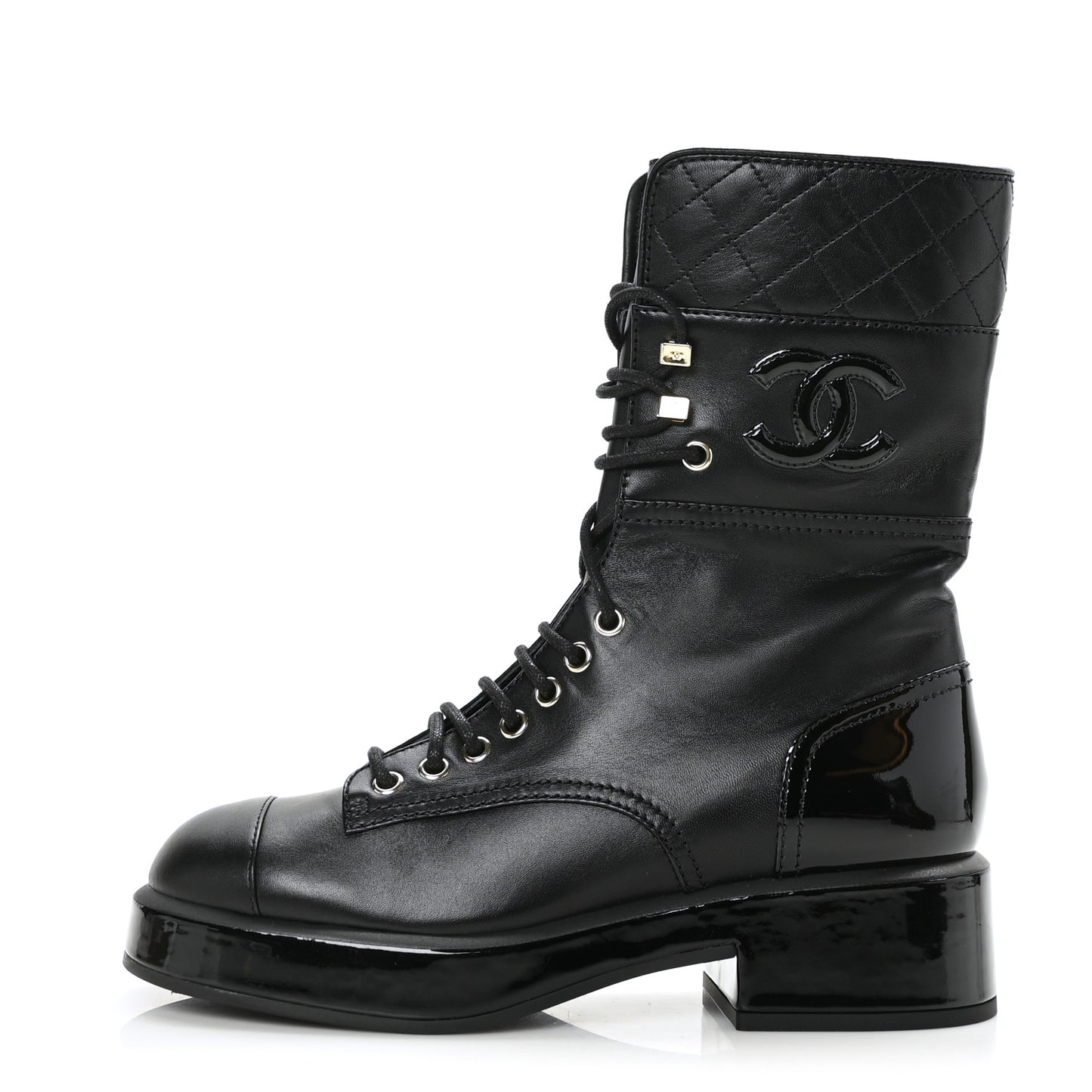Calfskin Patent Quilted CC Lace Up Combat Boots 38 Black