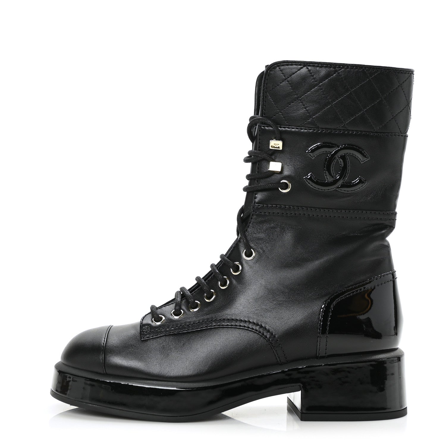 Chanel Calfskin Patent Quilted CC Lace Up Combat Boots 38 Black 1 of 7