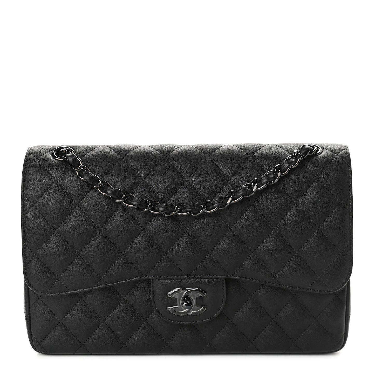 Crumpled Calfskin Quilted Jumbo Double Flap So Black