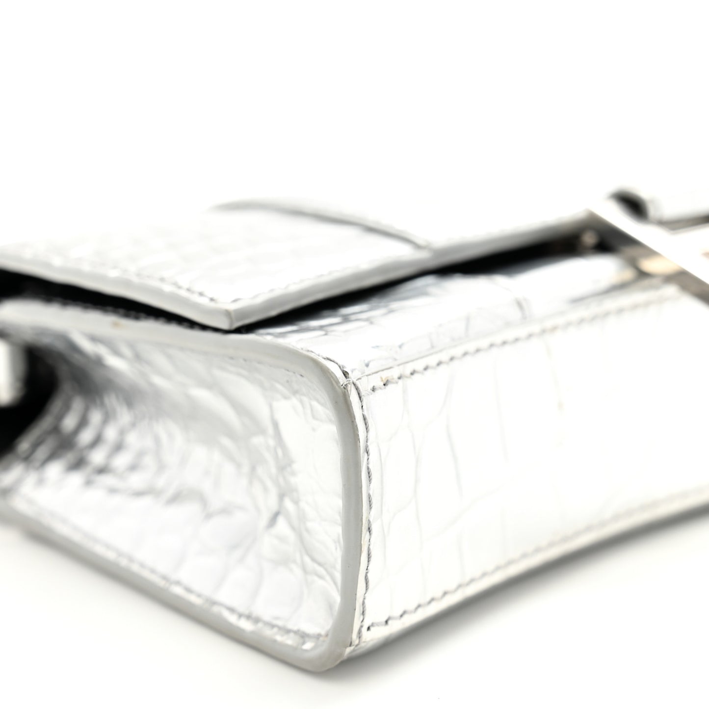 Metallic Calfskin Crocodile Embossed Hourglass Chain Bag Silver