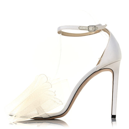 Jimmy Choo Grosgrain Asymmetric Mesh Fascinator Aveline 100 Bow Sandals 39.5 Latte 1 of 8