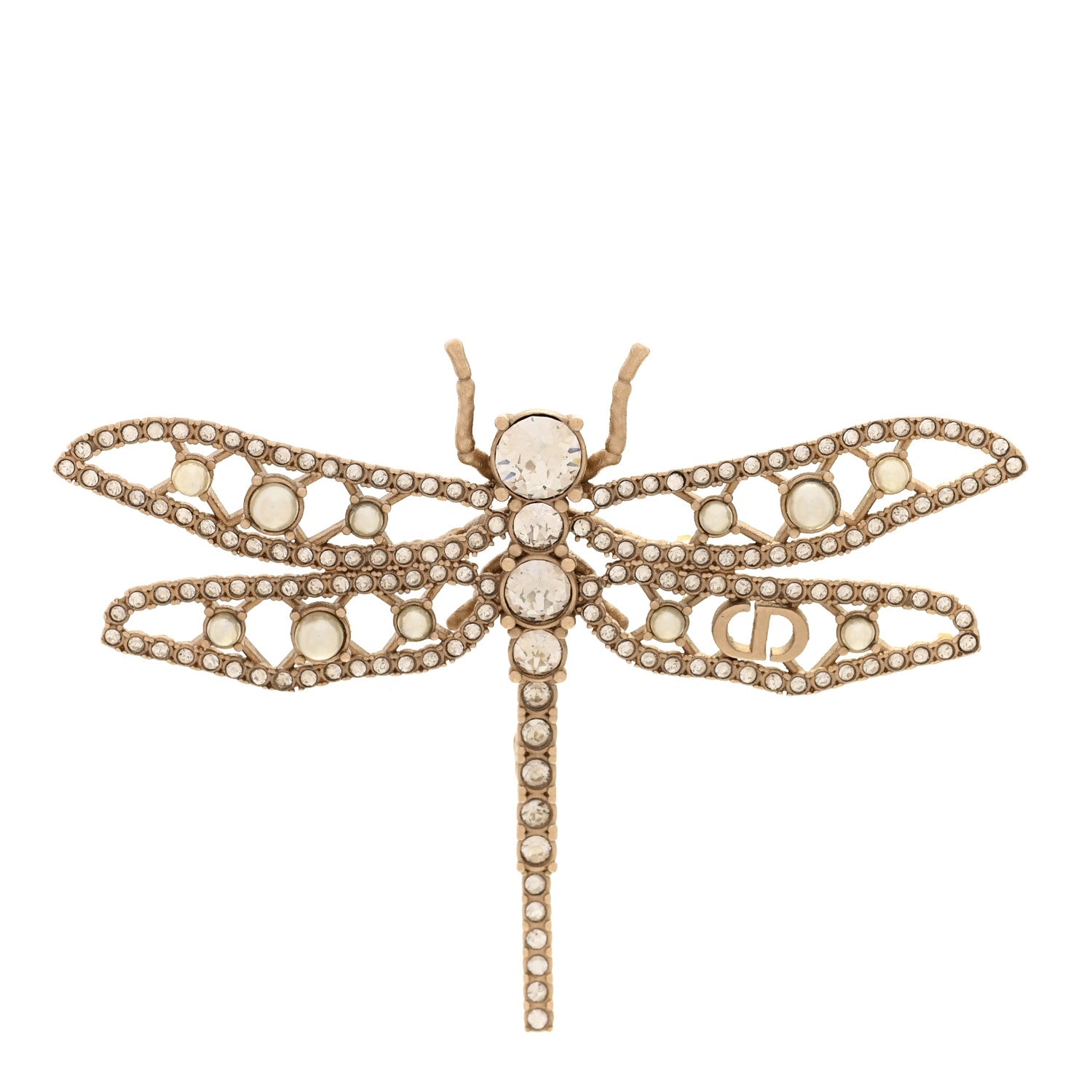 Christian Dior Crystal Pearl Dragonfly Brooch Gold 1 of 3