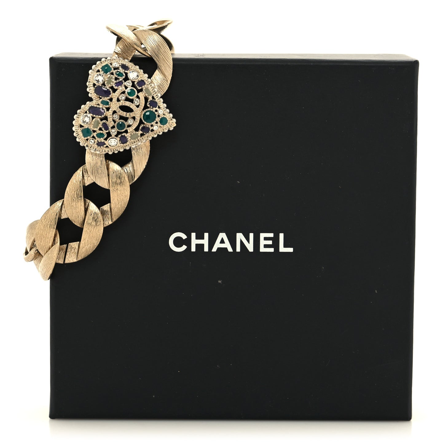 Crystal Poured Glass Textured Chain Heart CC Bracelet Light Gold Blue Green
