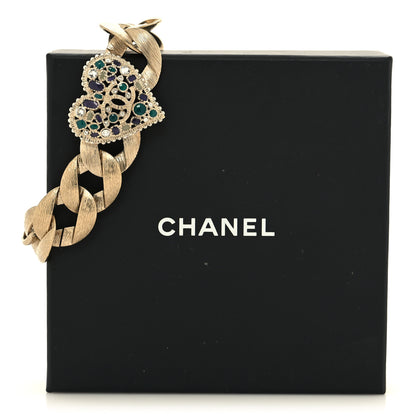 Chanel Crystal Poured Glass Textured Chain Heart CC Bracelet Light Gold Blue Green 6 of 6