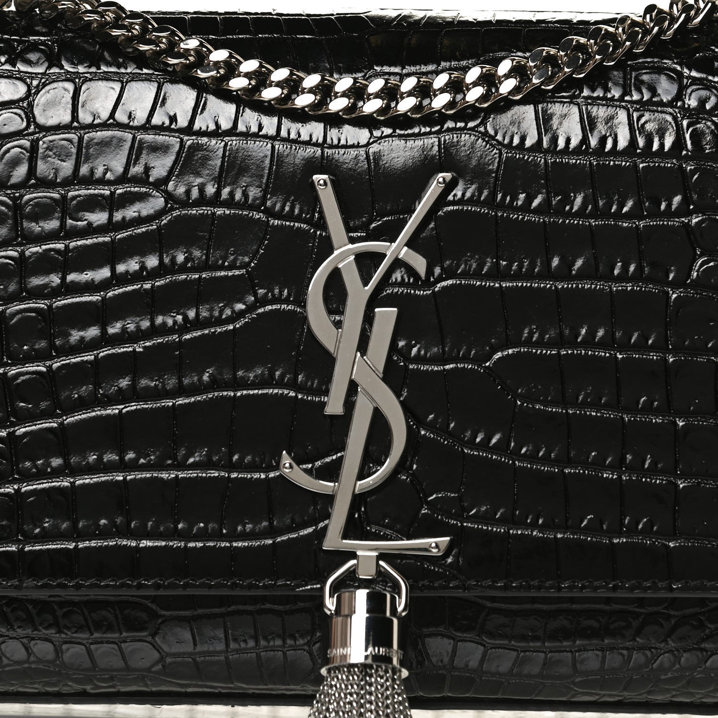 Calfskin Crocodile Embossed Small Classic Monogram Kate Tassel Satchel Black