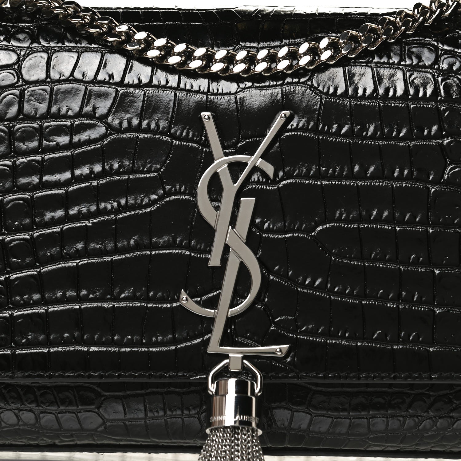 Saint Laurent Calfskin Crocodile Embossed Small Classic Monogram Kate Tassel Satchel Black 7 of 11