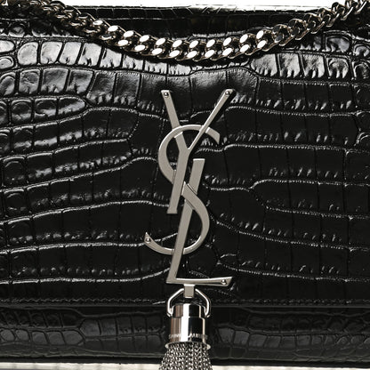 Saint Laurent Calfskin Crocodile Embossed Small Classic Monogram Kate Tassel Satchel Black 7 of 11