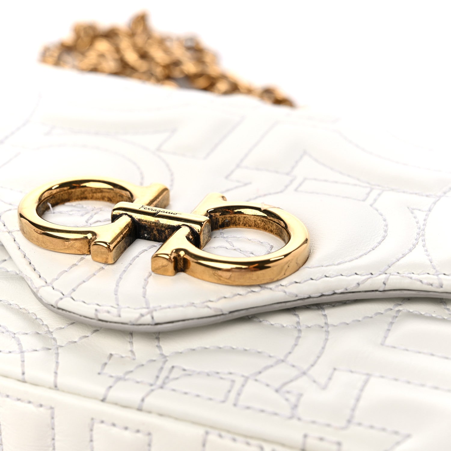 Salvatore Ferragamo Calfskin Quilted Gancini Mini Bag White