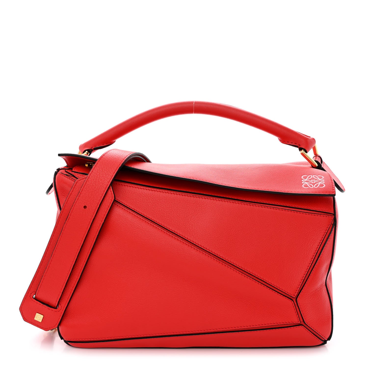 front view image of a LOEWE Calfskin Medium Puzzle Bag in the color Scarlet by FASHIONPHILE