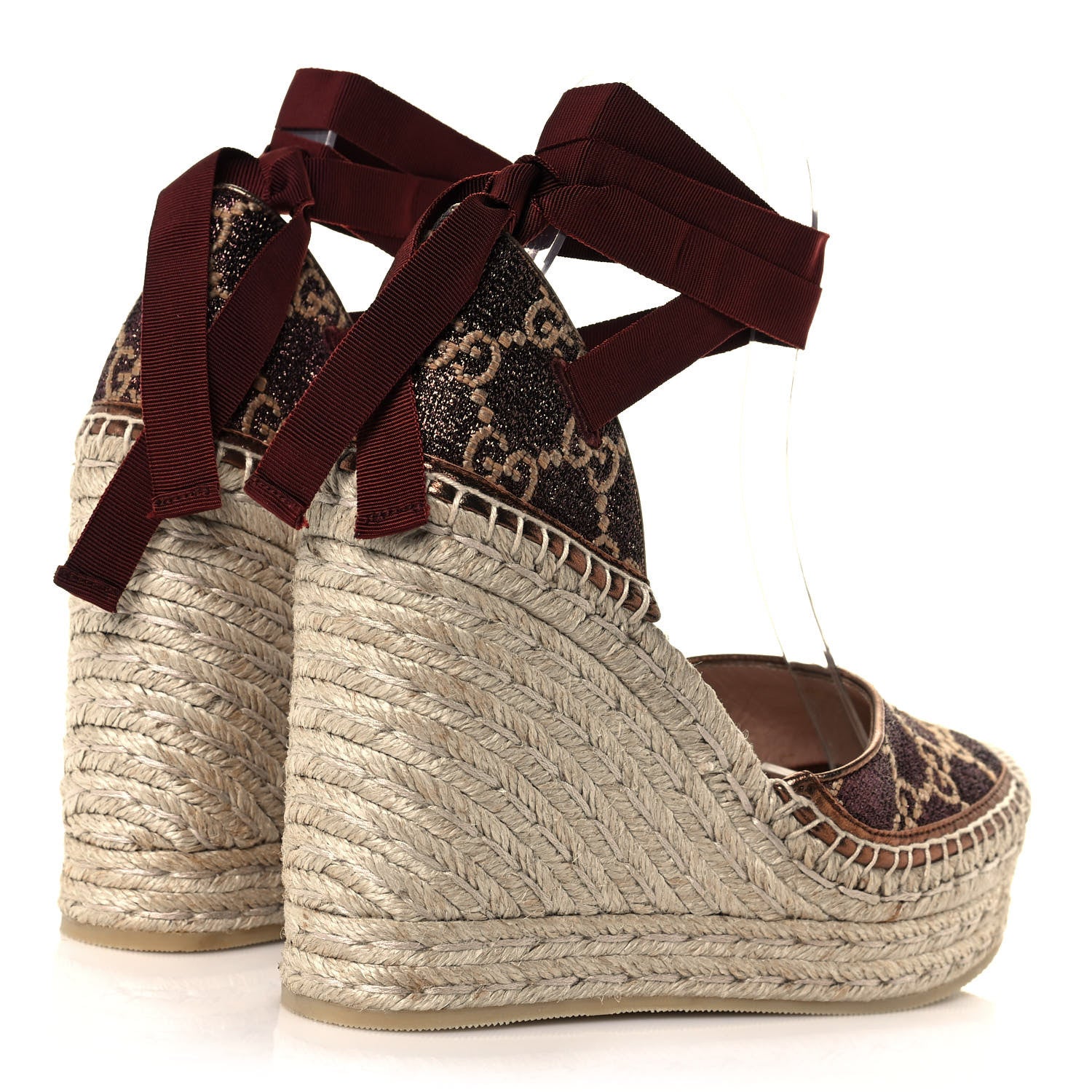 Gucci Lame GG Monogram Pilar SIlk Ankle Wrap Platform Espadrille Wedges 38.5 Brown 4 of 9