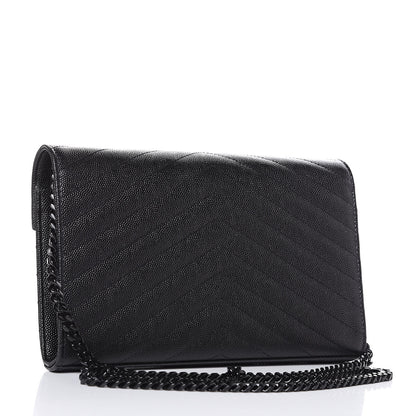 Saint Laurent Grain De Poudre Matelasse Chevron Monogram Chain Wallet Black 3 of 10