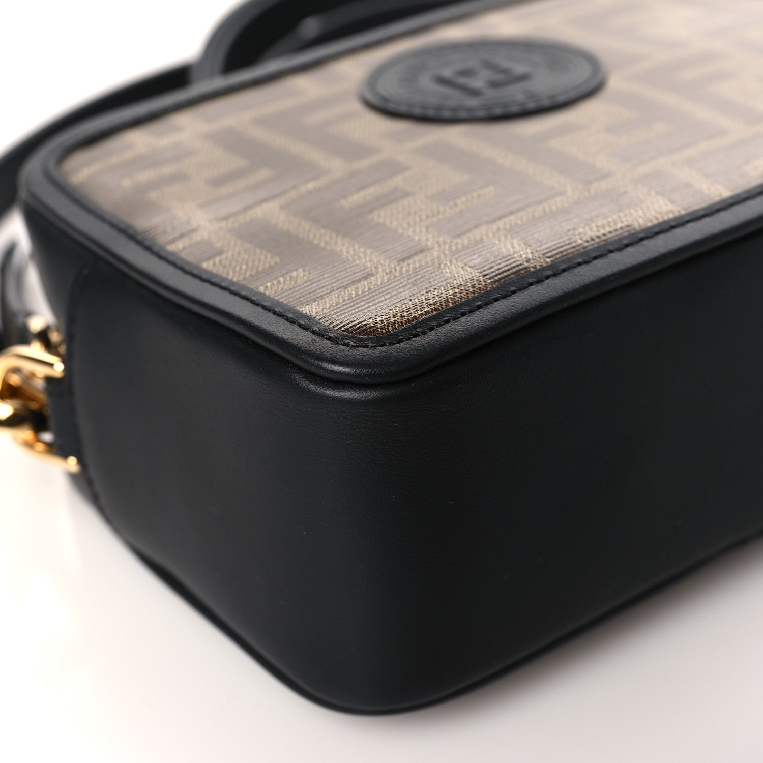 Fendi Glazed Fabric Vitello Century FF 1974 Stamp Patch Mini Camera Case Mogano Panna Black 9 of 9