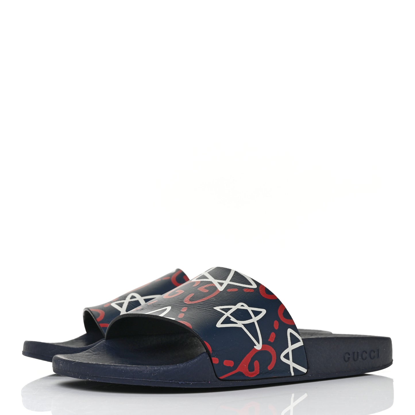 Calfskin GucciGhost Print Womens Slide Sandals 38 Blue Agata Hibiscus Red