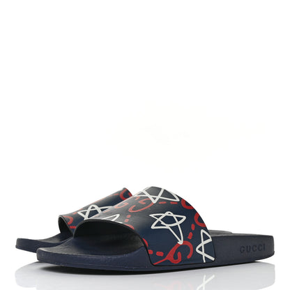 Gucci Calfskin GucciGhost Print Womens Slide Sandals 38 Blue Agata Hibiscus Red 3 of 7