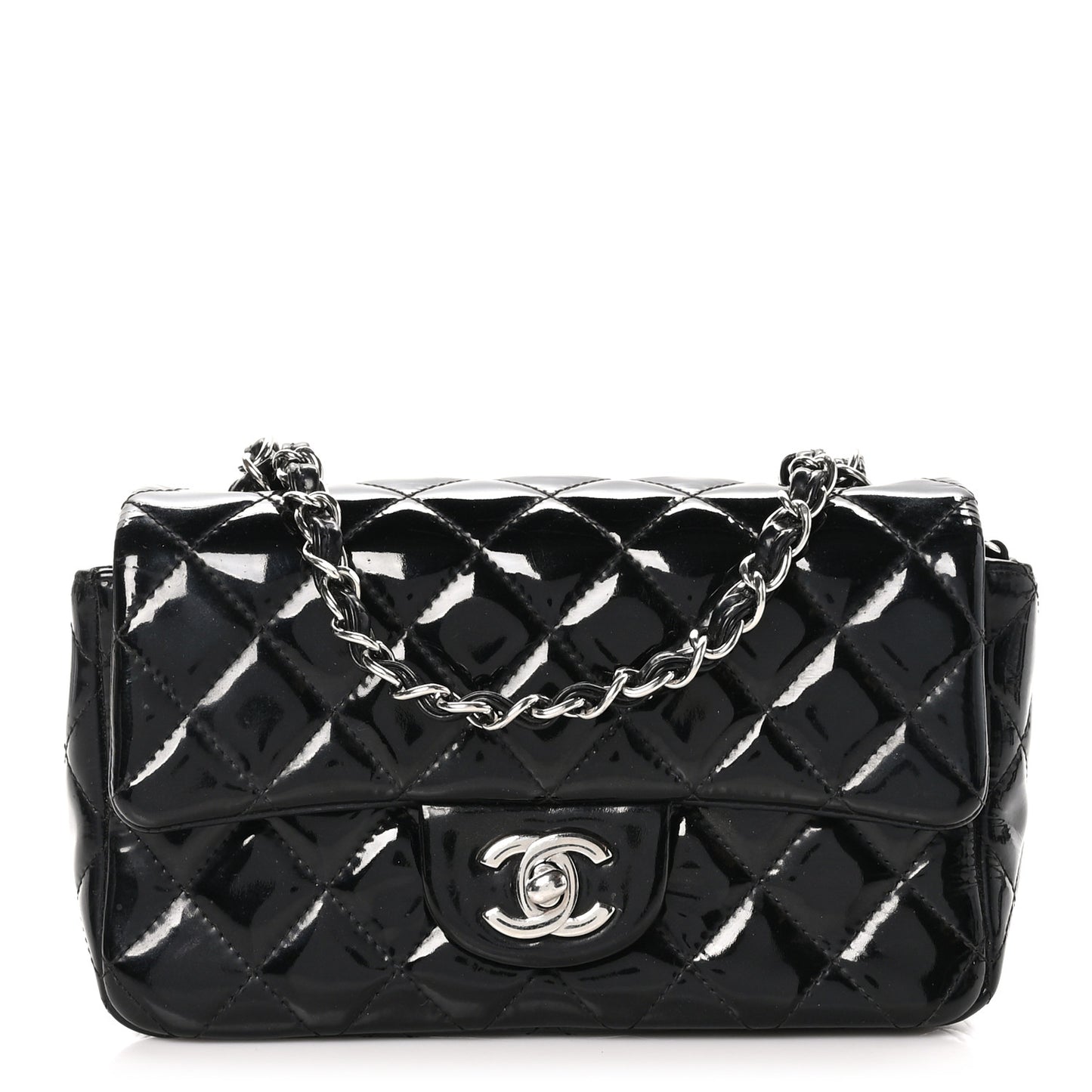 Patent Calfskin Quilted Mini Rectangular Flap Black