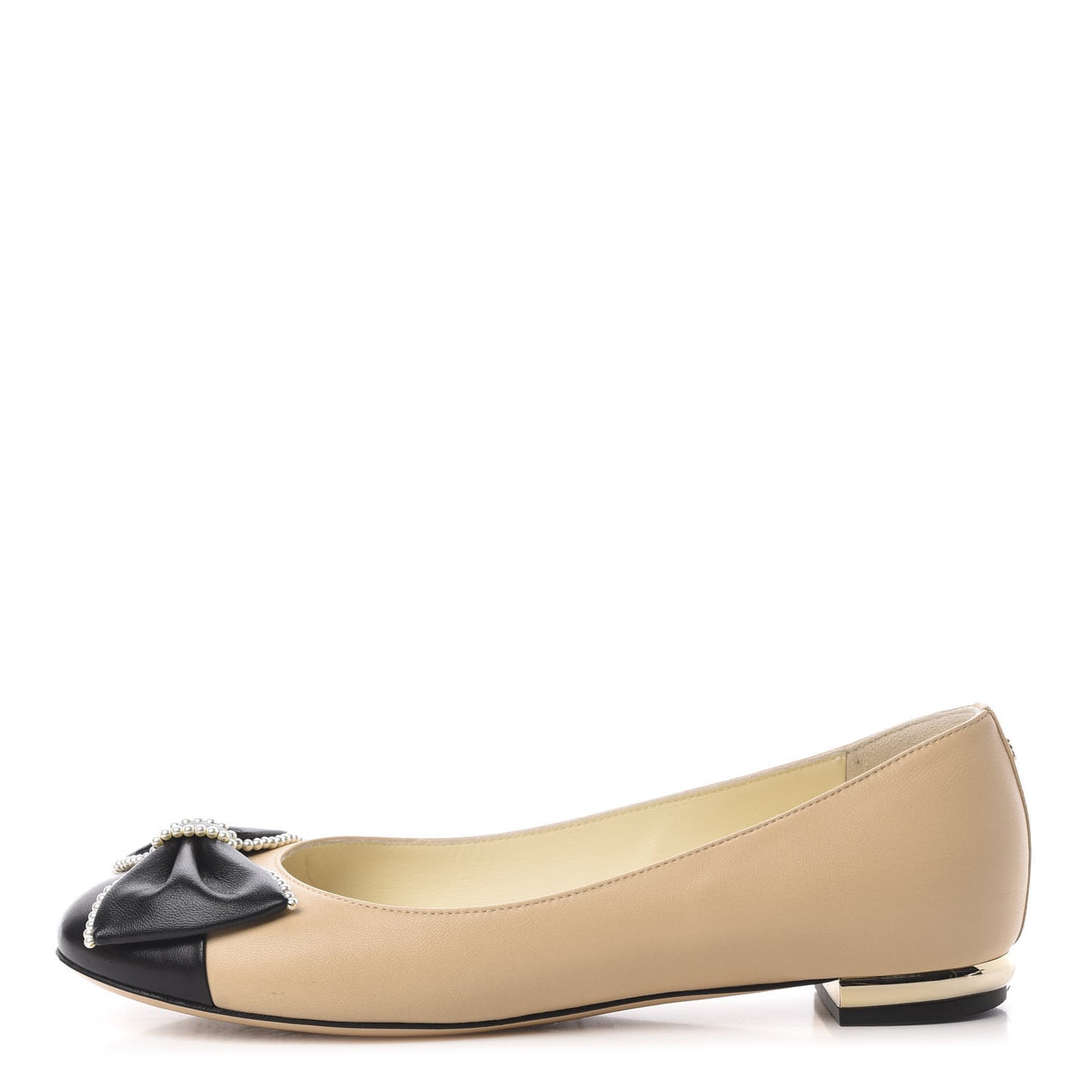 Lambskin Pearl Bow Ballerina Flats 37 Beige Black