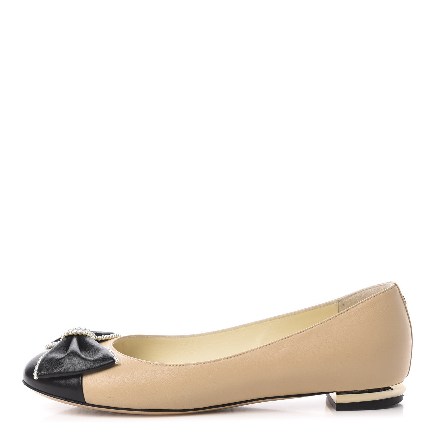 Chanel Lambskin Pearl Bow Ballerina Flats 37 Beige Black 1 of 14