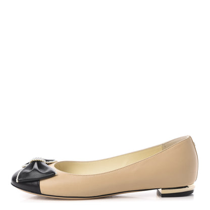 Chanel Lambskin Pearl Bow Ballerina Flats 37 Beige Black 1 of 14