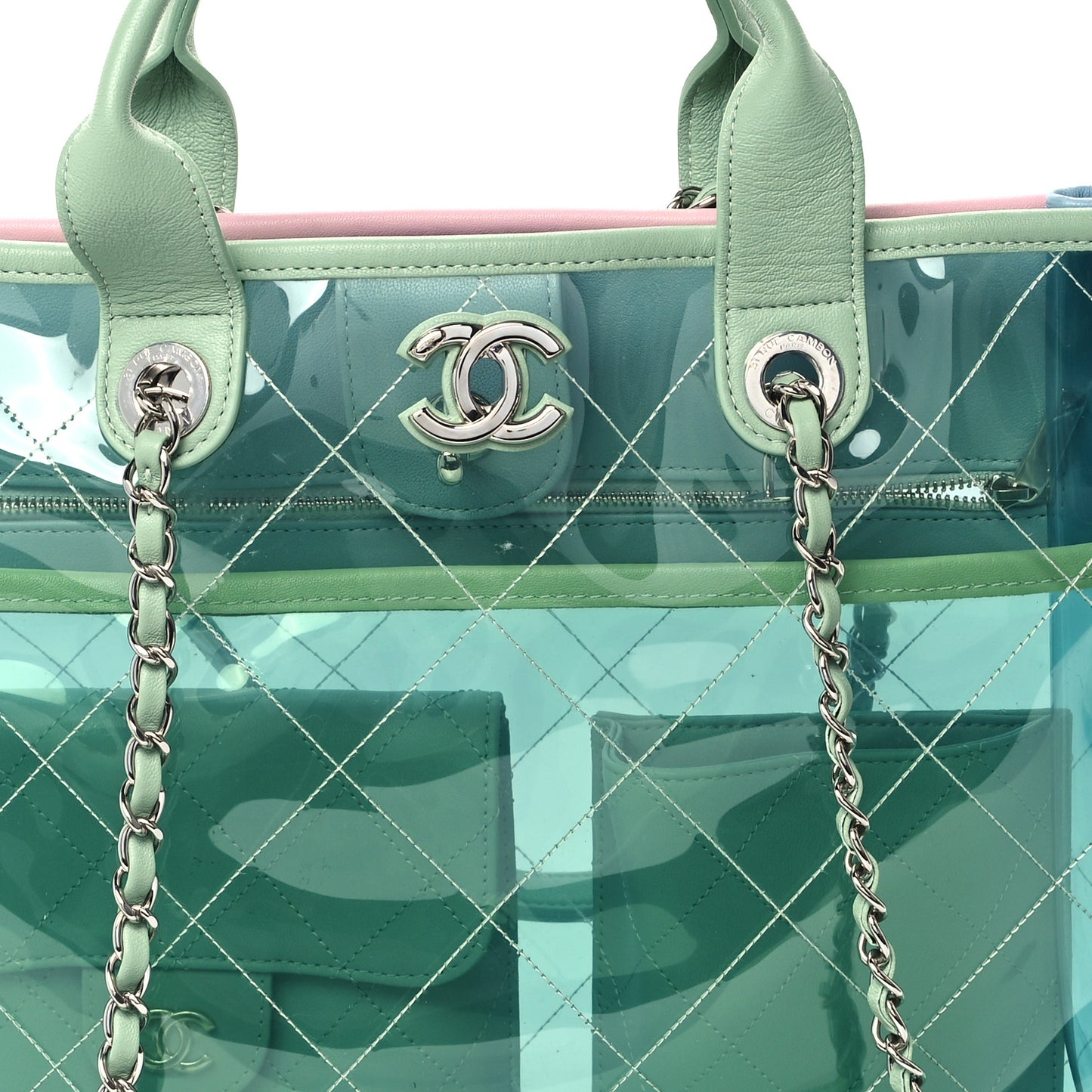 PVC Lambskin Stitched Medium Coco Splash Shopping Bag Blue Green Pink