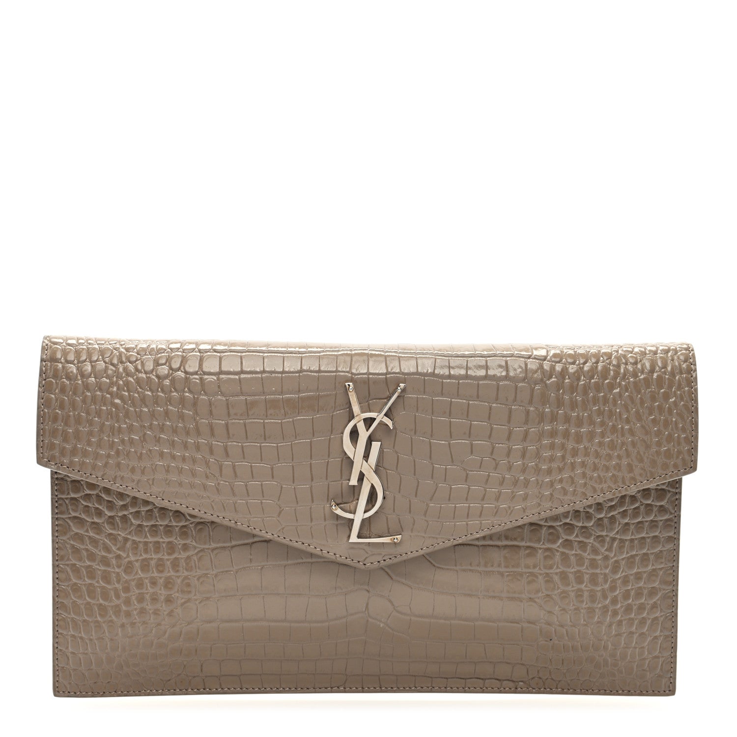 Saint Laurent Calfskin Crocodile Embossed Uptown Monogram Pouch Brown 1 of 6