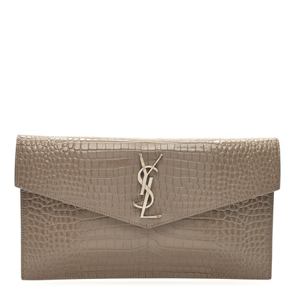 Saint Laurent Calfskin Crocodile Embossed Uptown Monogram Pouch Brown 1 of 6