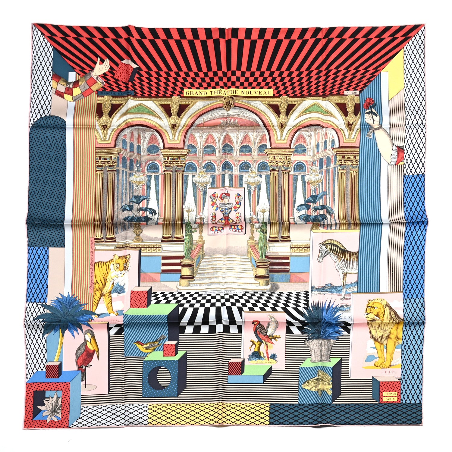 Hermes Silk Grand Theatre Nouveau Scarf 90 Bleu Vieux Rose Vert 1 of 10
