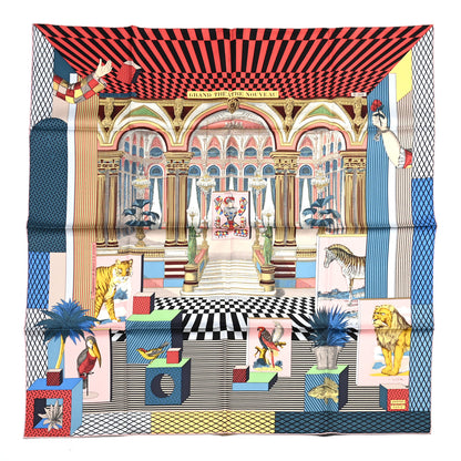 Hermes Silk Grand Theatre Nouveau Scarf 90 Bleu Vieux Rose Vert 1 of 10