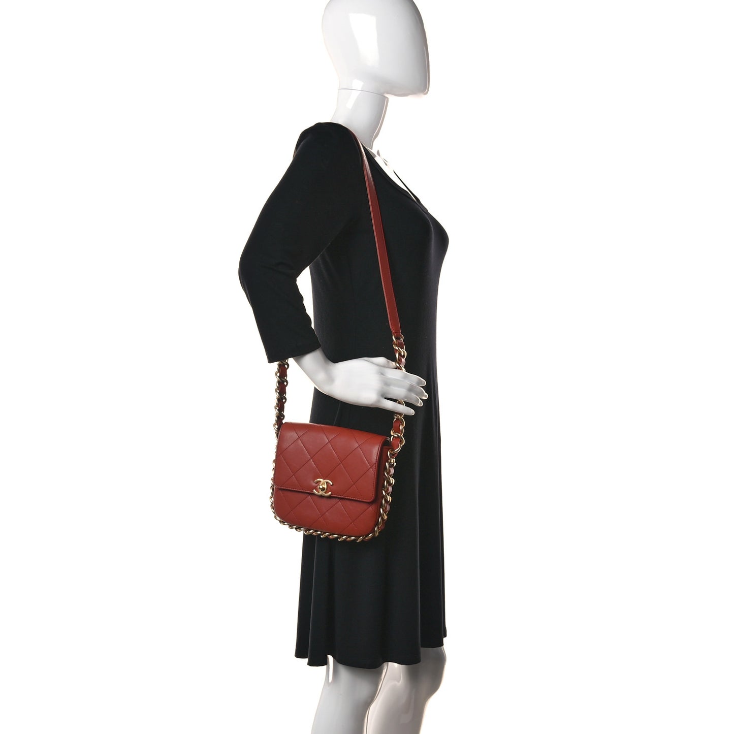 Calfskin Quilted Small Framing Chain Bag Brown