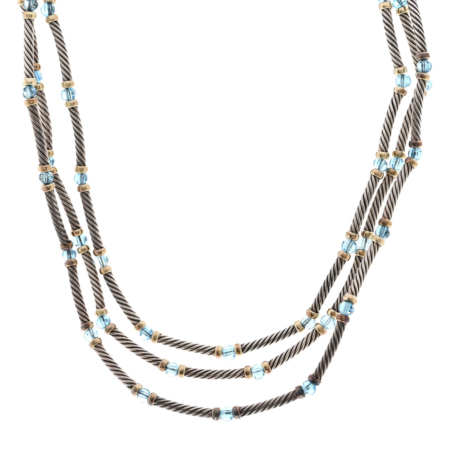 Sterling Silver 14K Yellow Gold Blue Topaz Hampton Cable 3 Strand Necklace