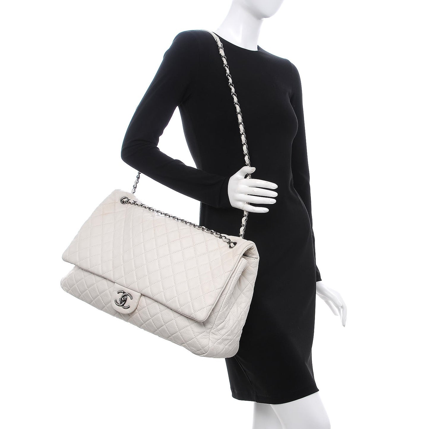 Calfskin Quilted XXL Travel Flap Bag White