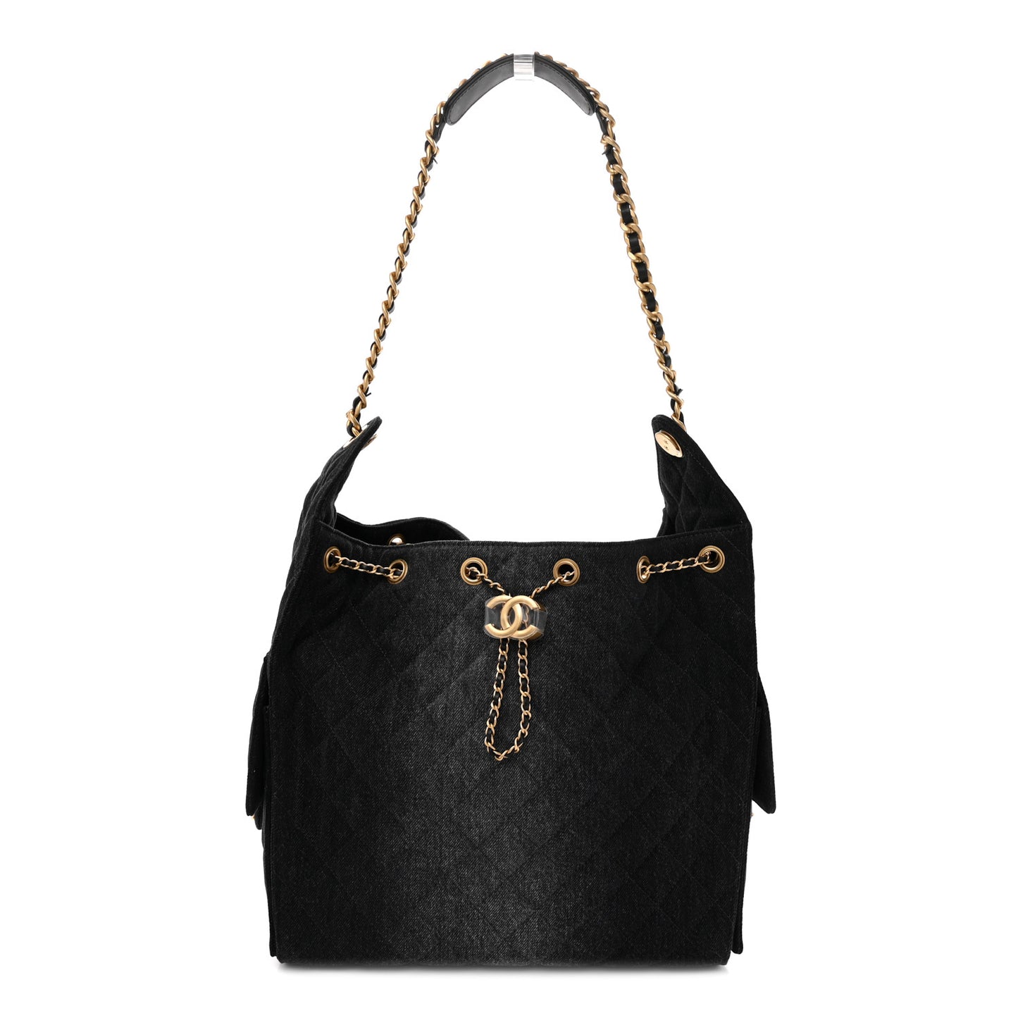 Washed Denim Quilted Medium Chanel 25 Handbag Black