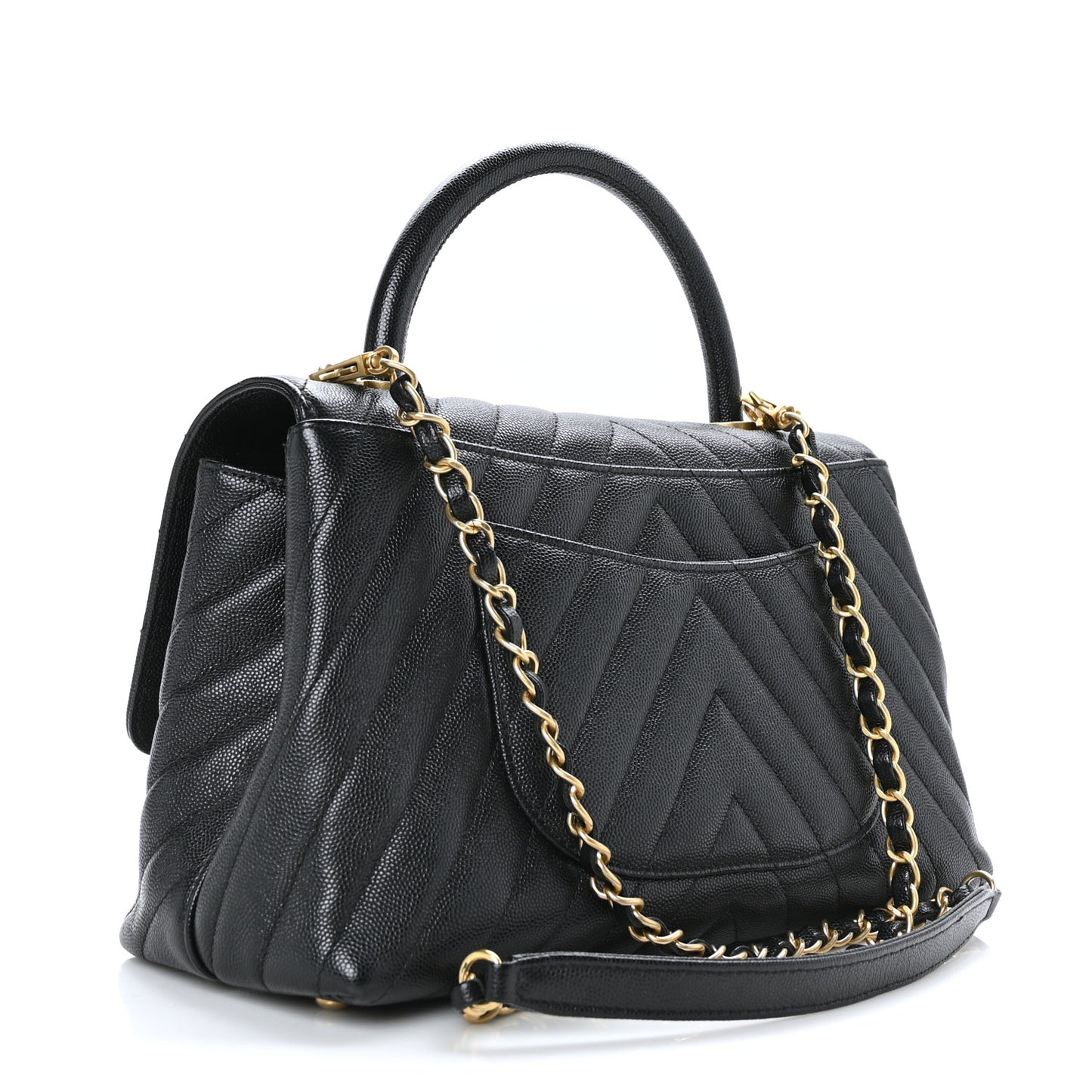 Caviar Chevron Quilted Small Coco Handle Flap Black