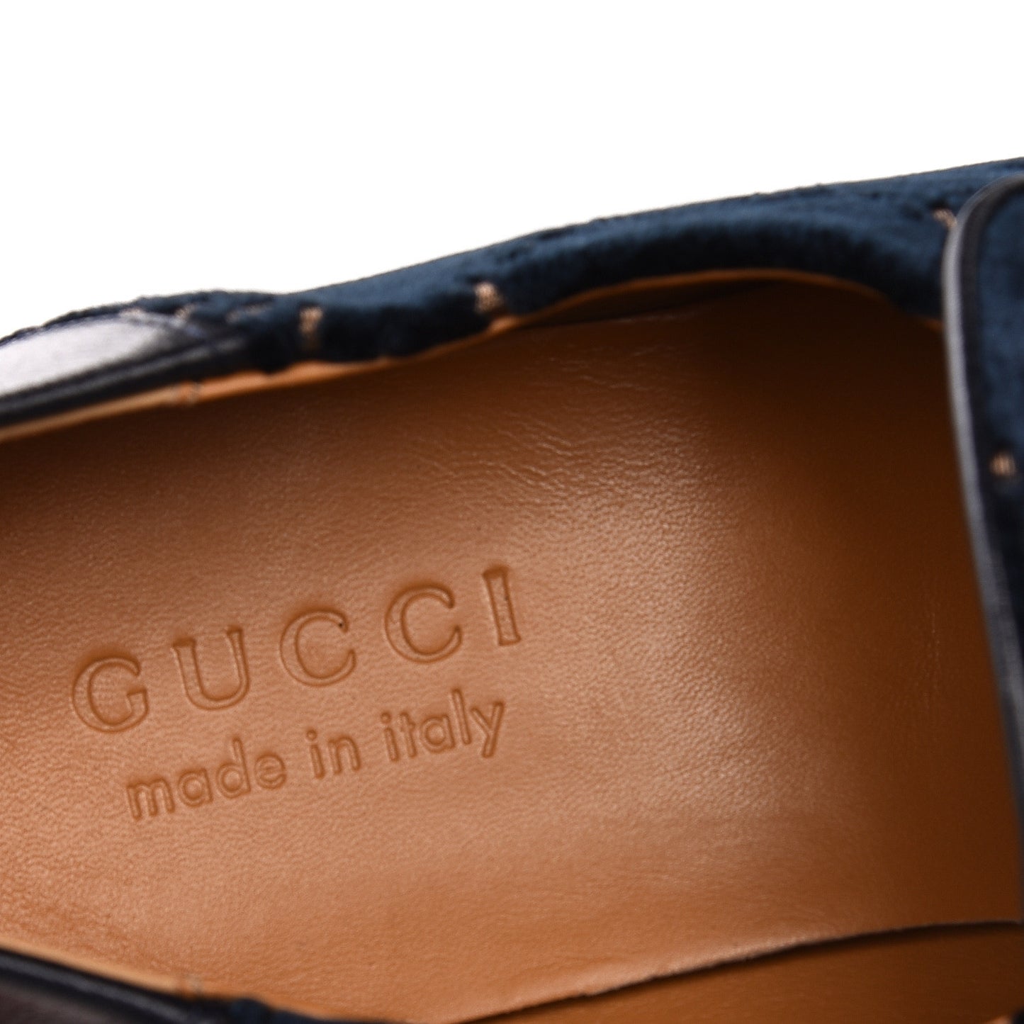 Velvet GG Monogram Goatskin Mens Horsebit Loafers 6.5 Blue Beige