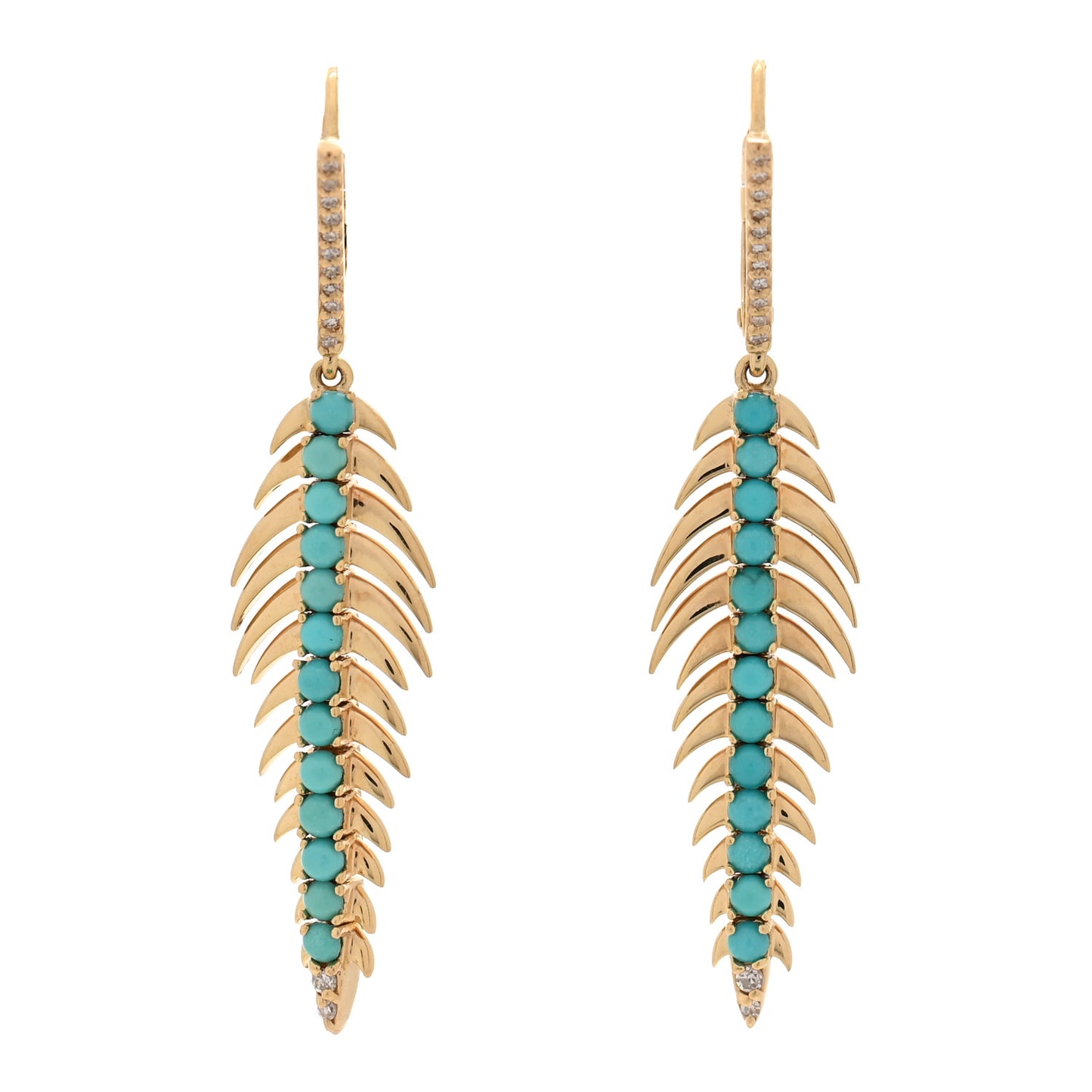 18K Yellow Gold Diamond Turquoise Feather Earrings