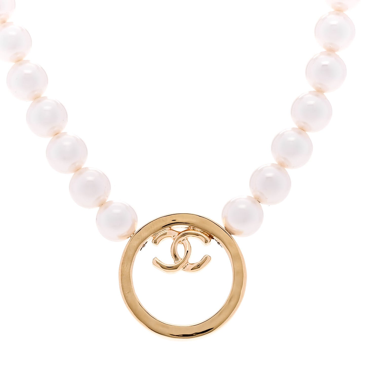 Pearl CC Round Long Necklace Gold White