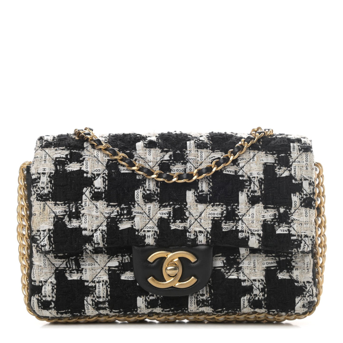 Tweed Quilted Mini Side Pearl Flap Bag Black Ecru White