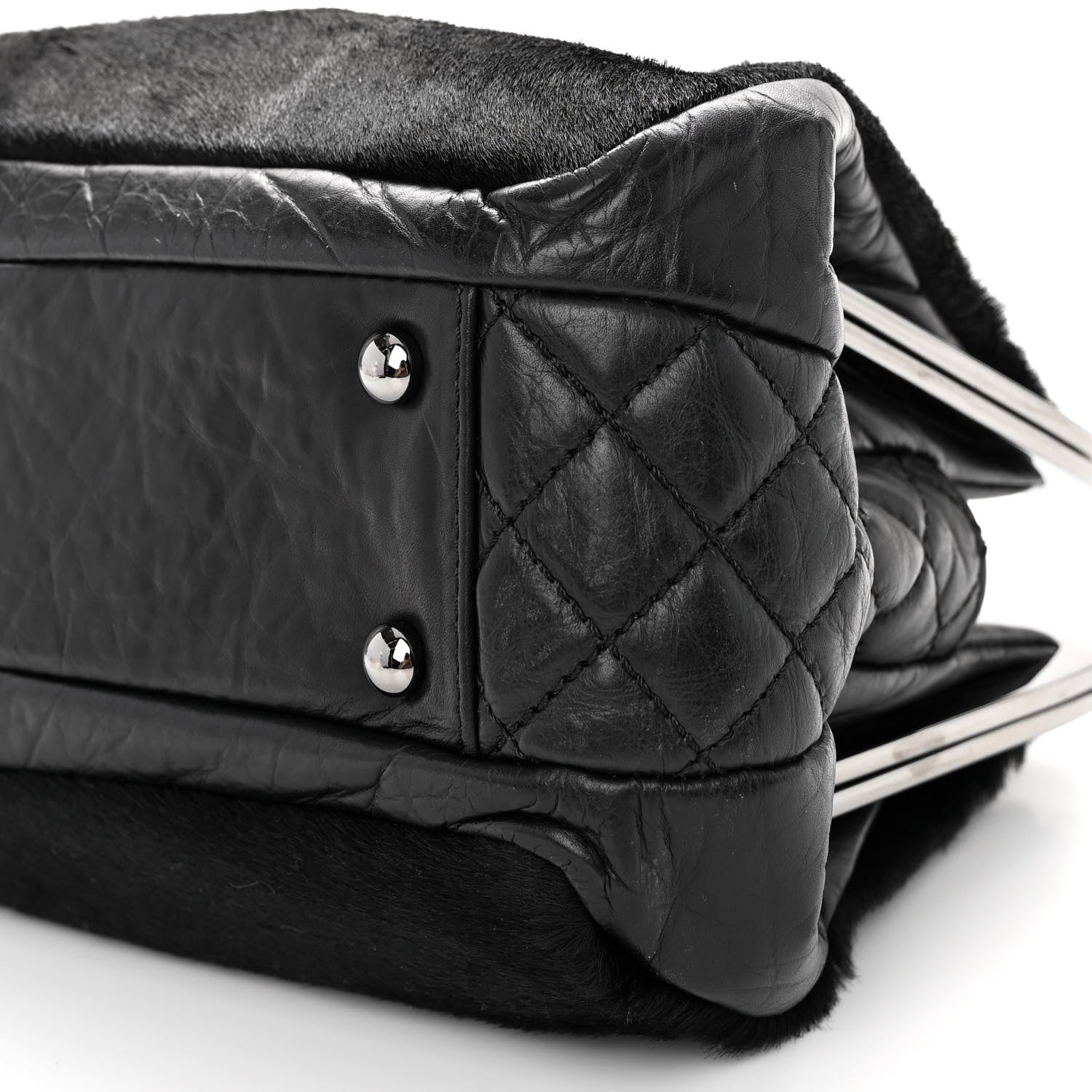 Chanel Pony Hair Lambskin Quilted Kiss Lock Frame Bag Black