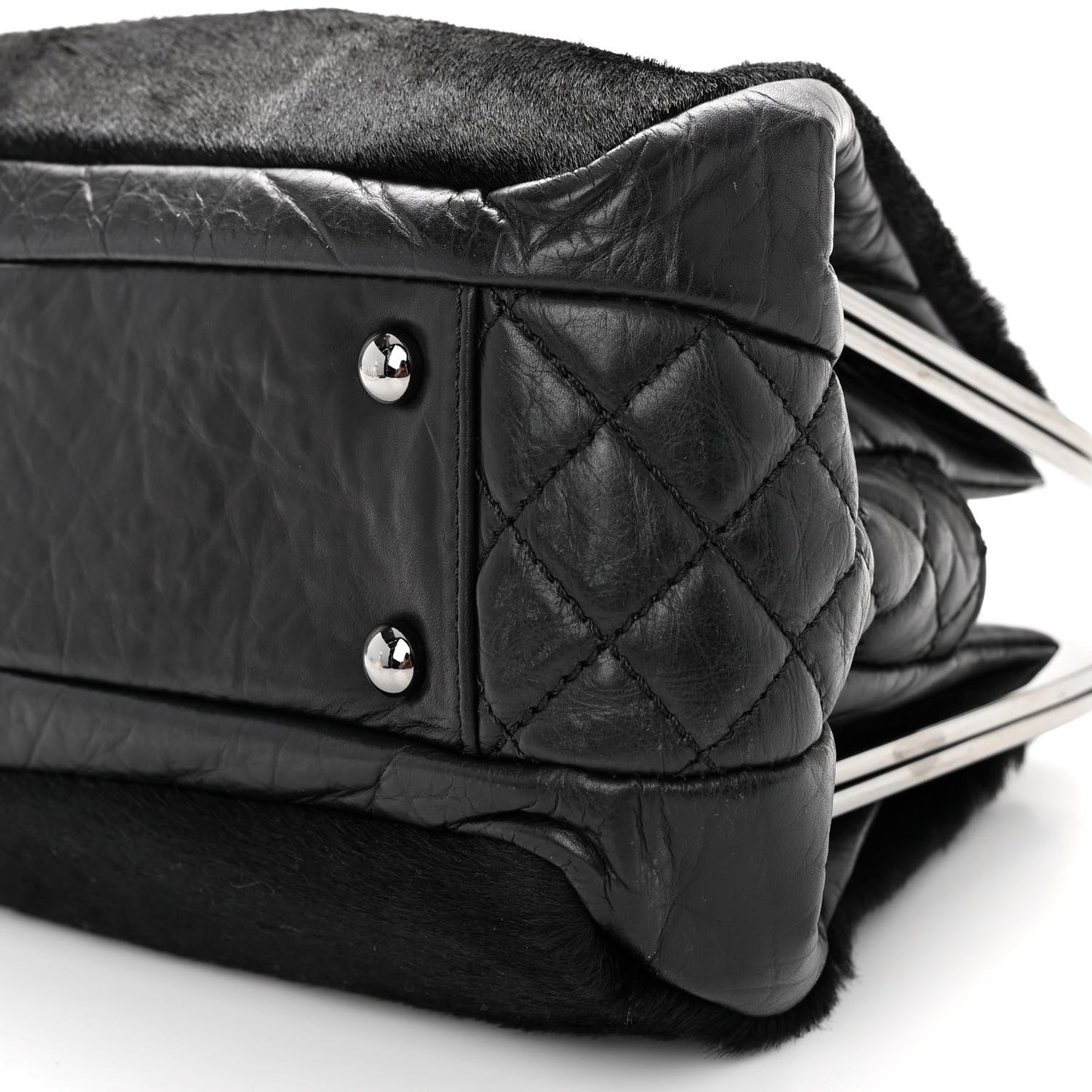 Pony Hair Lambskin Quilted Kiss Lock Frame Bag Black