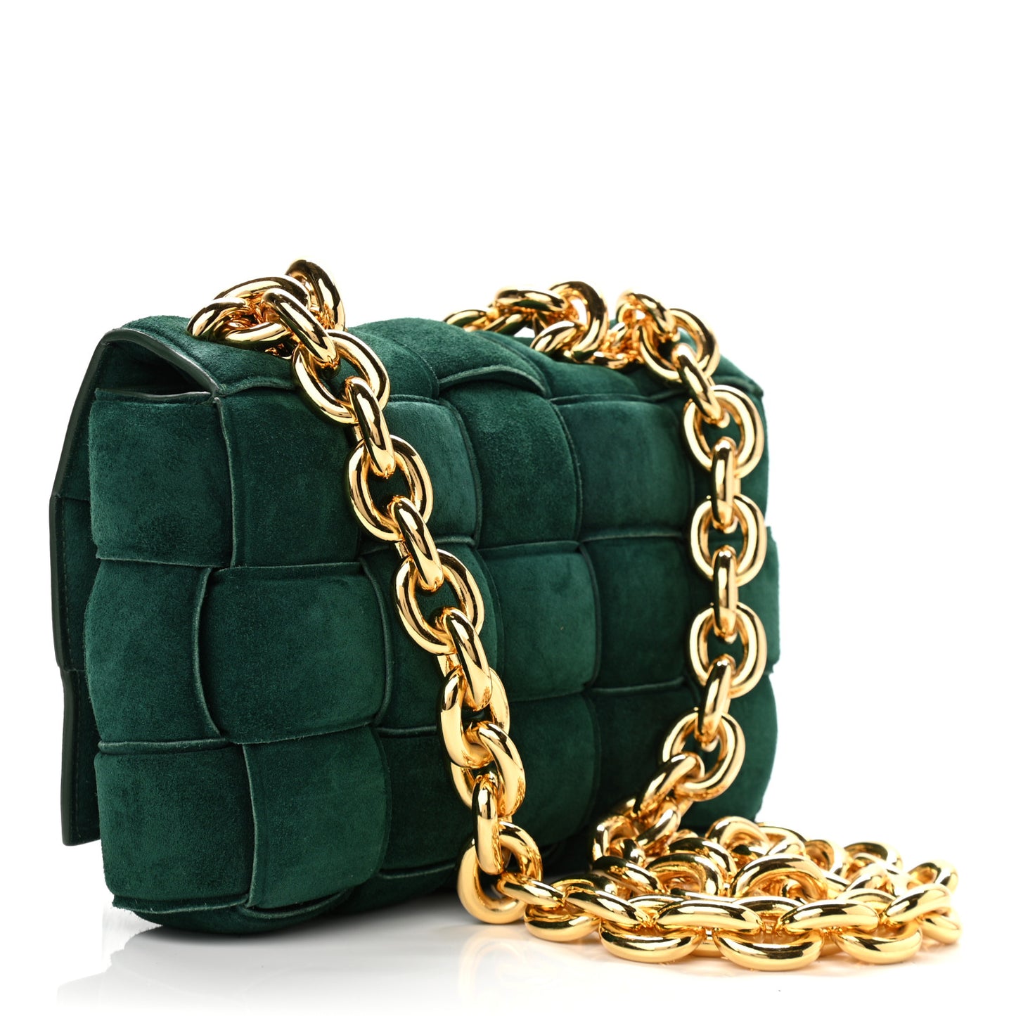 Suede Maxi Intrecciato Padded Chain Cassette Crossbody Bag Emerald Green